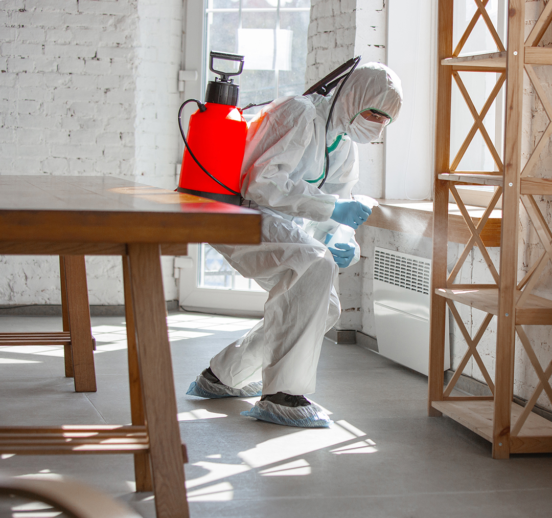 Coronavirus Pandemic  A disinfector in a protective suit and mask sprays disinfectants in the house or office